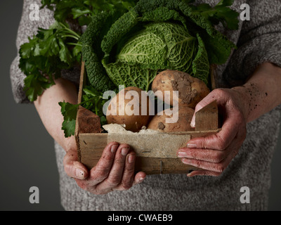 Femme tenant des caisses en bois de légumes Banque D'Images