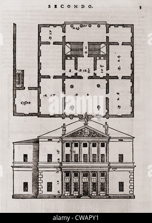 Plan au sol et l'élévation d'une maison de style classique d'Andrea Palladio (1508-1580), les quatre livres de l'architecture, 1570. Banque D'Images