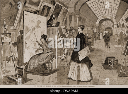 Art-étudiants et des copistes, dont beaucoup de femmes, dans le ciel, une longue galerie éclairée du musée du Louvre à Paris. La gravure sur bois Banque D'Images