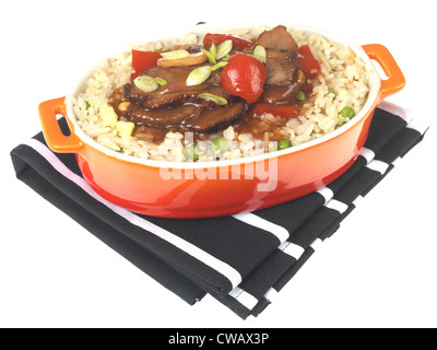 Sauté de canard authentiques de Style Chinois en sauce aux prunes avec riz frit à l'oeuf, repas isolé sur un fond blanc, avec un chemin, pas de personnes Banque D'Images