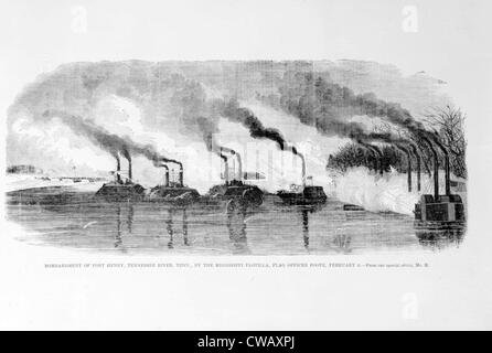 Bombardement de Fort Henry par flottille du Mississippi, le 6 février 1861, de Leslie's Weekly Banque D'Images