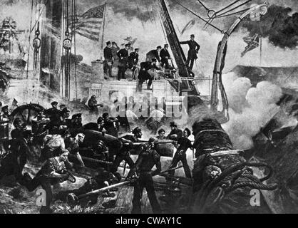 La bataille de la baie de Mobile, l'amiral Farragut à bord de la commande 'Damn Hartford les torpilles, en avant toute !", le 5 août Banque D'Images