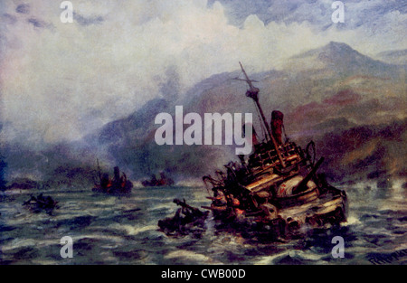 La guerre hispano-américaine, la flotte espagnole coulé au large des côtes de Cuba, peinture de Robert Hopkin, 1898 Banque D'Images