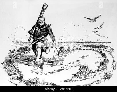 Le président Theodore Roosevelt à patrouiller dans les Caraïbes avec ses 'bâton' dans une caricature politique, 1904 Banque D'Images