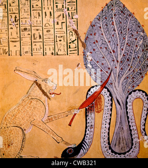 Peinture d'un chat à oreilles de lapin associé avec le Dieu Soleil Ra tuant le serpent Apophis dieu des enfers, de la tombe Banque D'Images