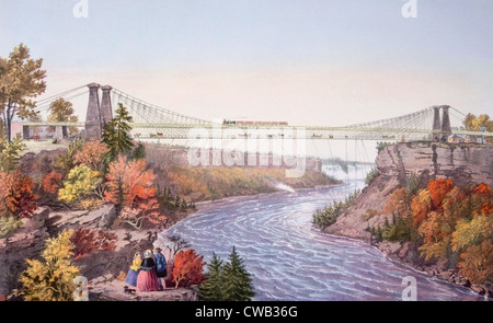 Le pont suspendu de Niagara Falls, lithographie de Currier & Ives, 1856 Banque D'Images