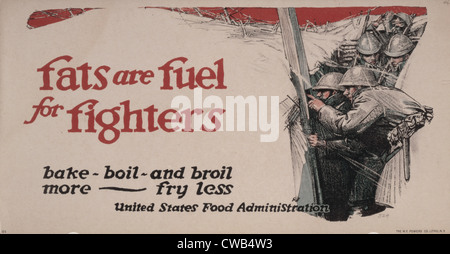 La Première Guerre mondiale, une affiche montrant des soldats dans une tranchée, le texte se lit comme suit : 'Les graisses sont le combustible pour cuire, bouillir, combattants et griller plus - fry Banque D'Images