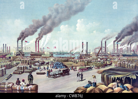 La Nouvelle Orléans- la digue. Bateaux à décharger le coton et d'autres marchandises sur le levve à New Orleans, Louisiane. Chromolithographie ca. Banque D'Images