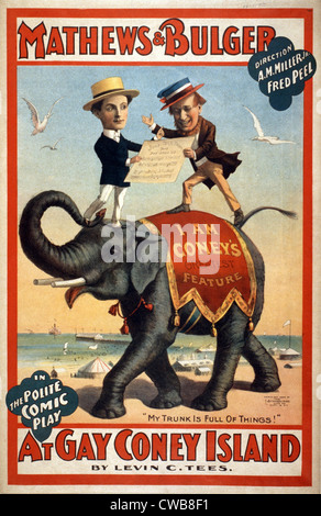 Mathews & Bulger dans le poli pièce comique, 'gay à Coney Island' équitation éléphants sur la plage de Coney Island, New York, Banque D'Images