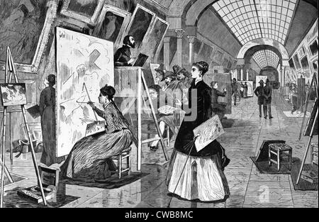 Art-étudiants et des copistes au travail dans une longue galerie éclairée, du Musée du Louvre, Paris, France. dessiné par Winslow Homer, 1868 Banque D'Images