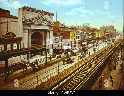 Le Bowery, le troisième train surélevé Avenue, New York City, photochrom, vers 1900. Banque D'Images