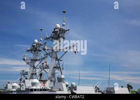 Profil supérieur de la partie de la plate-forme d'une coupe de la marine avec radar et d'armes à feu contre le ciel bleu Banque D'Images