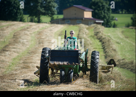 Teenage girl raking hay avec tracteur John Deere modèle 50 et New Holland râteau bar Banque D'Images