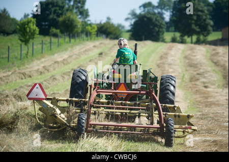 Teenage girl raking hay avec tracteur John Deere modèle 50 et New Holland râteau bar Banque D'Images