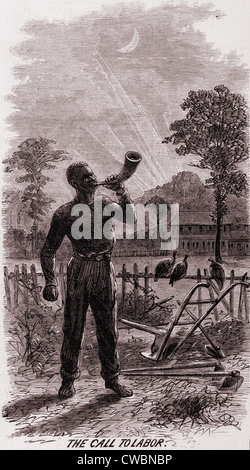 African American soufflant le signal d'alarme pour les travailleurs du coton sur une plantation du Sud en 1867, deux ans après la fin de Banque D'Images