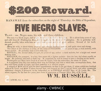 1847 publicité pour le retour d'un esclave en fuite, sa femme et ses trois enfants. Le Saint Louis propose publicité slave Banque D'Images