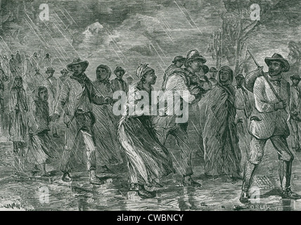 Les esclaves fugitifs fuyant de l'Est à un réseau souterrain de Maryland Railroad depot au Delaware. Ca. 1863. Banque D'Images