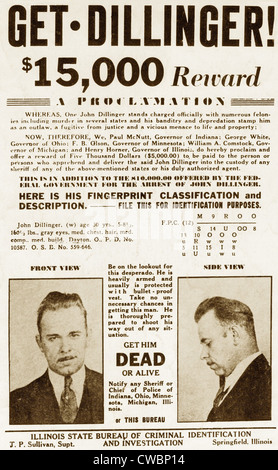 Avis de recherche de John Dillinger, offrant 15 000 dollars pour sa capture. 1934. Banque D'Images