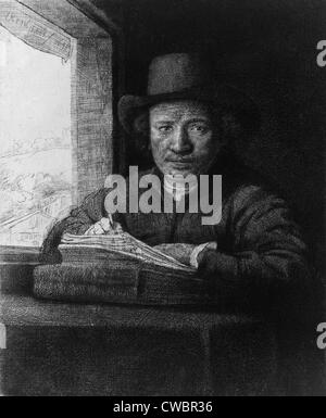 Rembrandt van Rijn (1606-1669), dans un self portrait gravure de 1648. Banque D'Images