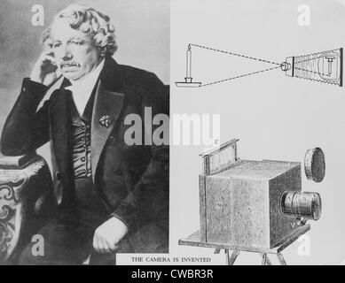 Louis Daguerre (1787-1851), avec une illustration de l'appareil photo qu'il a inventé. Ca. 1840. Banque D'Images