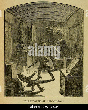 Voleurs masqués non identifiés, soupçonnée d'être le James gang, volé un train de voyageurs à Winston, New York le 15 juillet 1881. Banque D'Images