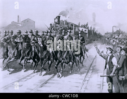 Pendant la grève Pullman de 1894, le premier train quittant la viande Stock Yards de Chicago a été escorté par Cavalerie des États-Unis, juillet Banque D'Images