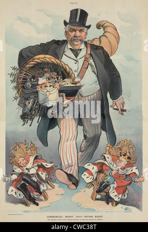 Peut-COMMERCIAL DROIT DIVIN VERSETS 1902 caricature illustre J.P. Morgan portant une corne remplie de chemins de navires Banque D'Images