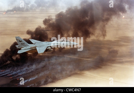 F-14 Fighter en vol au dessus de la combustion de puits de pétrole koweïtiens incendiés en mars par les forces iraquiennes brûlaient encore sur Banque D'Images