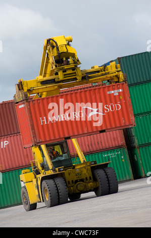 Ferrari 378 CVS reach stacker de soulever un grand conteneur de fret ferroviaire dans un Freightliner depot en Angleterre. Banque D'Images