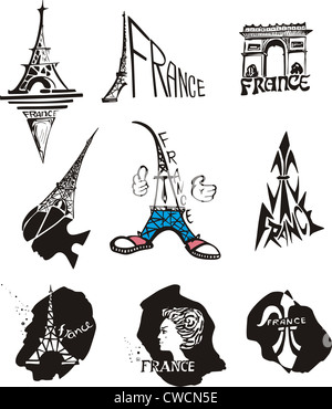 Ensemble de logos originaux pour le voyage à Paris et en France. Vector illustration noir et blanc. Banque D'Images