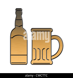 Illustration d'une bouteille de bière en verre doré,mug fait en style or métallique isolé sur fond blanc avec des mots centrale parti Banque D'Images