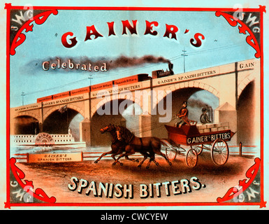 Gainer est célébré l'espagnol bitters - Brevet étiquette de médicaments, montrant le Gainer d'être transportés par chariot tiré par des chevaux, railroad, et bateau, vers 1868 Banque D'Images