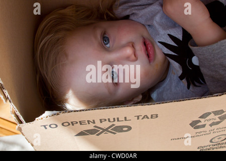 Blue Eyed boy playing in a cardboard box Banque D'Images