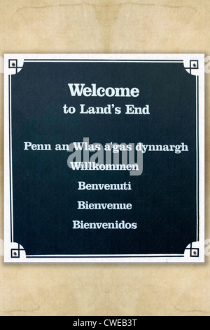 Panneau de bienvenue à Lands End Cornwall Banque D'Images