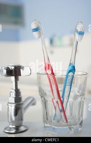 Des brosses à dents dans la salle de bains Banque D'Images