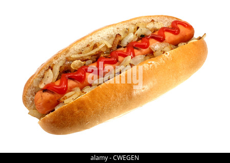 Hot-dog grillé ou Wiener avec oignons frits et ketchup topping, le fast food classique ultime Banque D'Images