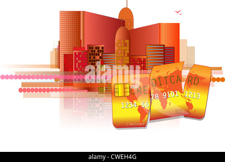 Crise financière avec bureau rouge et casse de carte de crédit Banque D'Images