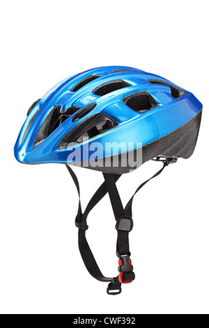 Casque bleu pour byciclists isolé sur fond blanc Banque D'Images