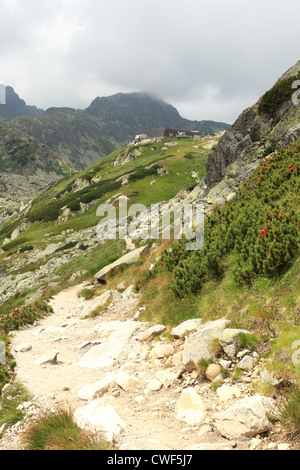 Un chemin de randonnée menant à la montagne chalet Zbojnicka chata, les Hautes Tatras, en Slovaquie. Banque D'Images