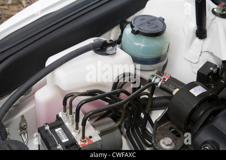 Bouteille de trop-plein du radiateur et réservoir de liquide de frein dans le compartiment moteur d'une voiture. Banque D'Images