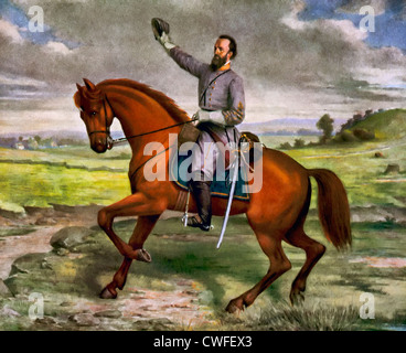 Général Thomas Jonathan Stonewall Jackson, portrait en pied, à cheval, vers la gauche, tenant le chapeau à la main droite, vers 1862 Banque D'Images