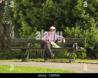 Pauvre homme avec chien sur banc dans les jardins de Kensington, London, UK Banque D'Images