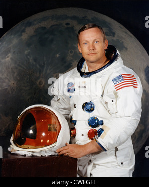 Portrait de l'astronaute Neil Armstrong, le premier homme à marcher sur la lune, l'avenir de sa mission d'Apollo 11 en juillet 1969. Banque D'Images