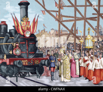 Le Cardinal Archevêque de Tolède bénir la locomotive 'Badajoz' (1879), en présence du roi Alphonse XII. Banque D'Images