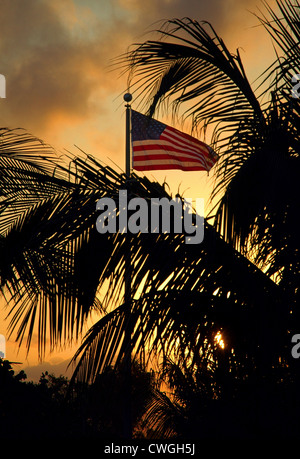 Drapeau américain volant au coucher du soleil en Floride, USA. Banque D'Images