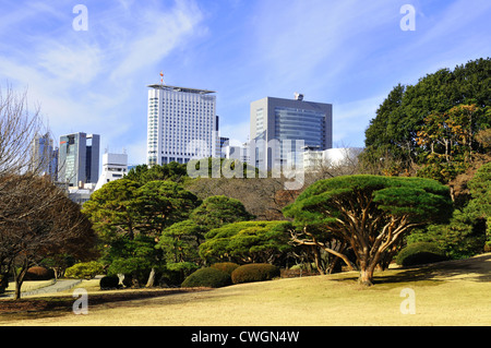 Toits de Tokyo vu du Jardin National de Shinjuku Gyoen en hiver Banque D'Images