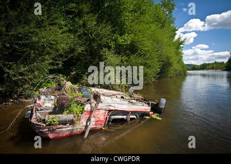 L'épave d'une voiture dans l'Allier (Allier - Auvergne - France) Épave de voiture dans la rivière Allier (Auvergne - France). Banque D'Images