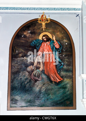 Samos Grèce Pagondas l'icône de l'église Holy Trinity Jésus-christ marche sur l'eau Saint Pierre le tirant hors de la mer Banque D'Images