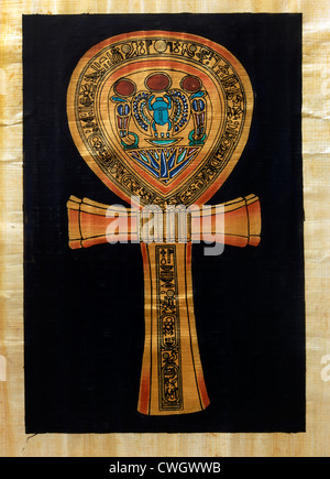 Peinture d'un papyrus égyptien Ankh avec Scarab et d'hiéroglyphes Banque D'Images