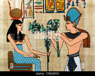 Peinture papyrus égyptien Ramsès II offrant des fleurs de lotus à la déesse Hathor Banque D'Images